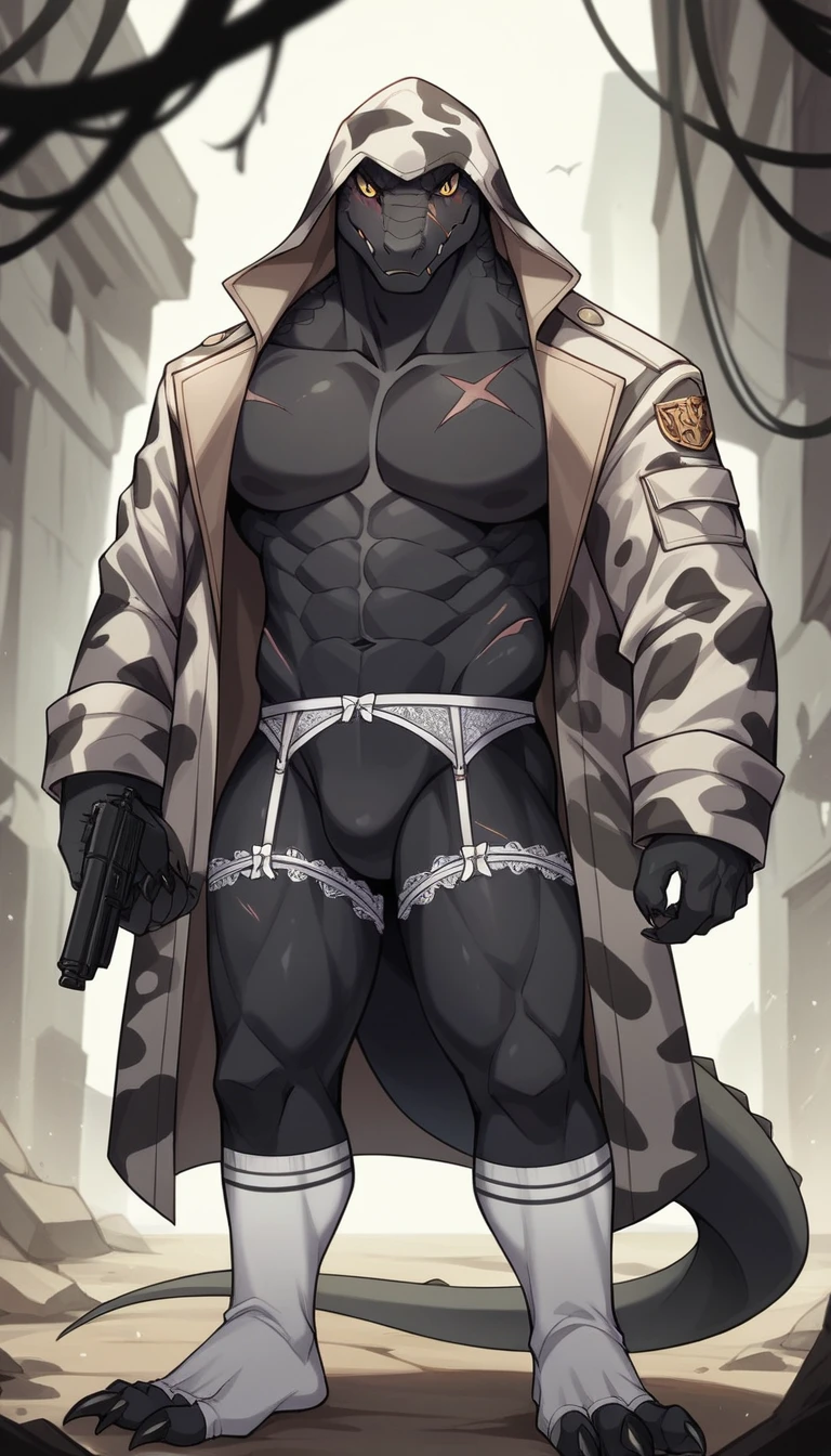 One person、A lizardman male wearing light blue lace lingerie、masterpiece、Highest quality、Black body、There are scars on the body、Sharp Eye、Knee-high socks、garter belt、Long, thin tail、White camouflage coat with hood、gun、In the ruins、Swollen crotch、