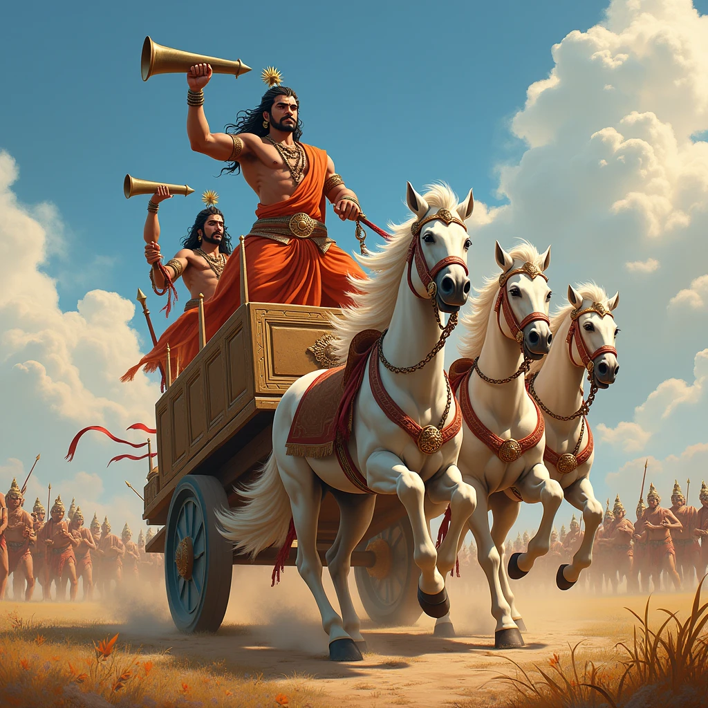 Illustrate a powerful moment where Krishna and Arjuna, standing in their grand chariot drawn by white horses, blow their divine conch shells. Show the chariot in a prominent position with intricate designs, symbolizing its grandeur. Krishna and Arjuna should be depicted with focused, determined expressions, as the sound of their conch shells echoes across the battlefield. Surround them with the vibrant energy of the approaching battle, with distant warriors and the landscape reflecting the intensity of the moment.