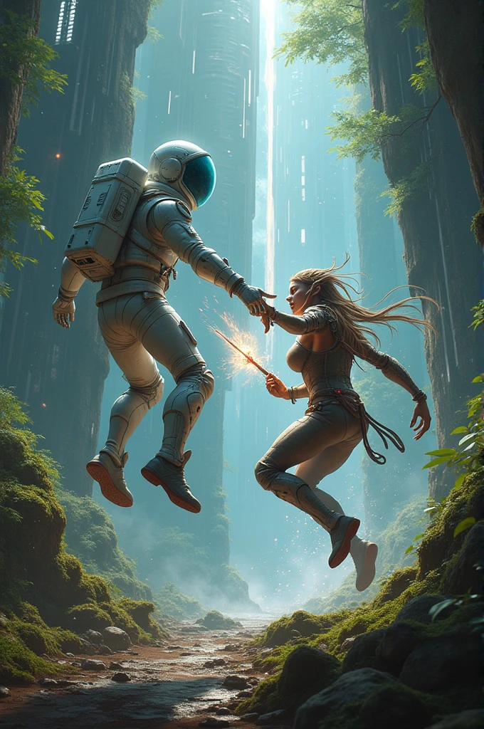 Ek sci-fi space station mein ek astronaut aur ek alien ke beech mein ek intense zero-gravity fight ho rahi hai."
5. "Ek mystical forest mein ek sorceress aur ek warrior ke beech mein ek magical duel ho rahi hai."