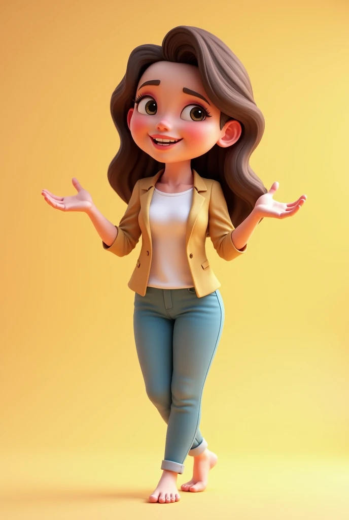 3d cartoon photo of beautiful 20 year old young woman with persuasive look talking and making hand gestures on solid solid color background standing with feet crossed, full portrait image