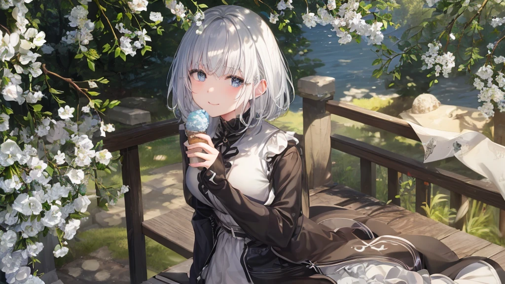 Open your mouth、Flower Field、Her eyes were shining、Mysterious and enchanting atmosphere。With AI Painting、とてもShort Hair, Long bangs between the eyes, Very detailed,(masterpiece、Highest quality)、Gray Hair、Fantasy, Silver Hair, Fantasyな風景、smile、Open your mouth、short hair、Short Hair、hairpin、black eye、Grey Eyes、Beautiful Eyes、Black Shirt、White hoodie、Seaside、Eat ice cream