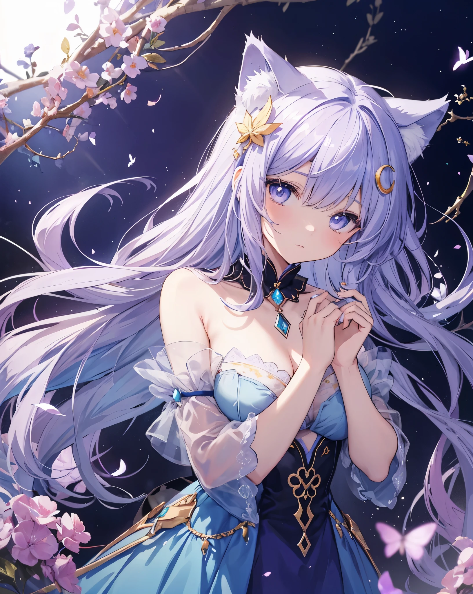 Anime-style of seraphina, the Dream Keeper. She is a cat girl with neko ears, with ethereal blue hair with golden highlights, reminiscent of twilight. Her eyes are a deep, intense blue, like the morning sky. She wears a light, flowing lavender dress with golden star-like details. Her cat ears are purple with golden tips, and she has a crescent moon pendant around her neck. Seraphina is surrounded by glowing butterflies that follow her wherever she goes. The background is a dreamy, surreal landscape with soft, pastel colors, evoking a sense of tranquility and magic