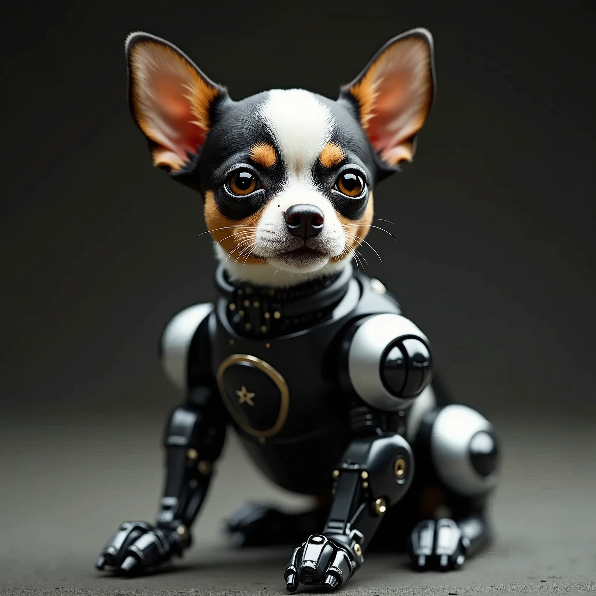 A full body close-up shot of a robotically enhanced Chihuahua, its adorable black and white head with big golden eyes and a sweet expression, perched atop a sleek black metallic body with silver accents with gleaming robotic legs but realistic black paws. The stark contrast between organic and synthetic features creates an intriguing visual dichotomy, inviting the viewer to ponder the intersection of technology and cuteness, retina, accurate, masterpiece, super detail, high details, best quality, award winning, highres, HD, 4K, 8k, 16k,