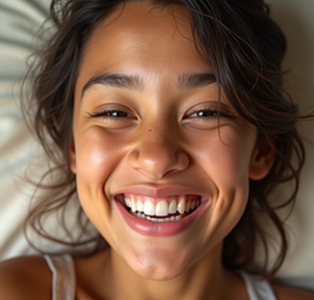 [Core Concept] A warm, genuine smile radiating joy and contentment. [Character Description] A person's face, with an expression of pure delight and happiness, their eyes crinkling and lips upturned in a broad, heartfelt smile. [Environment/Background] The person is set against a soft, blurred background, allowing the focus to remain on the captivating smile. [Style and Atmosphere] The image has a natural, lifelike quality, with a sense of intimacy and authenticity, conveying the positive emotions associated with the smile. [Composition] The face is centered in the frame, filling a significant portion of the image, emphasizing the importance and impact of the smile. [Details and Embellishments] Subtle details like glowing skin, sparkling eyes, and a gentle flush of the cheeks add to the vibrancy and expressiveness of the smile. [Technical Specifications] The image is high-resolution, with a shallow depth of field and natural lighting that highlights the subject's features and creates a sense of depth and dimension.