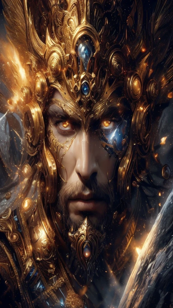 a close up of a man with a golden head and a golden crown, the god emperor of mankind, portrait of emperor of mankind, epic fantasy art style hd, epic fantasy digital art style, epic fantasy art portrait, detailed fantasy digital art, powerful fantasy epic legends, 4k fantasy art, epic fantasy digital art, hyperdetailed fantasy character, fantasy male portrait