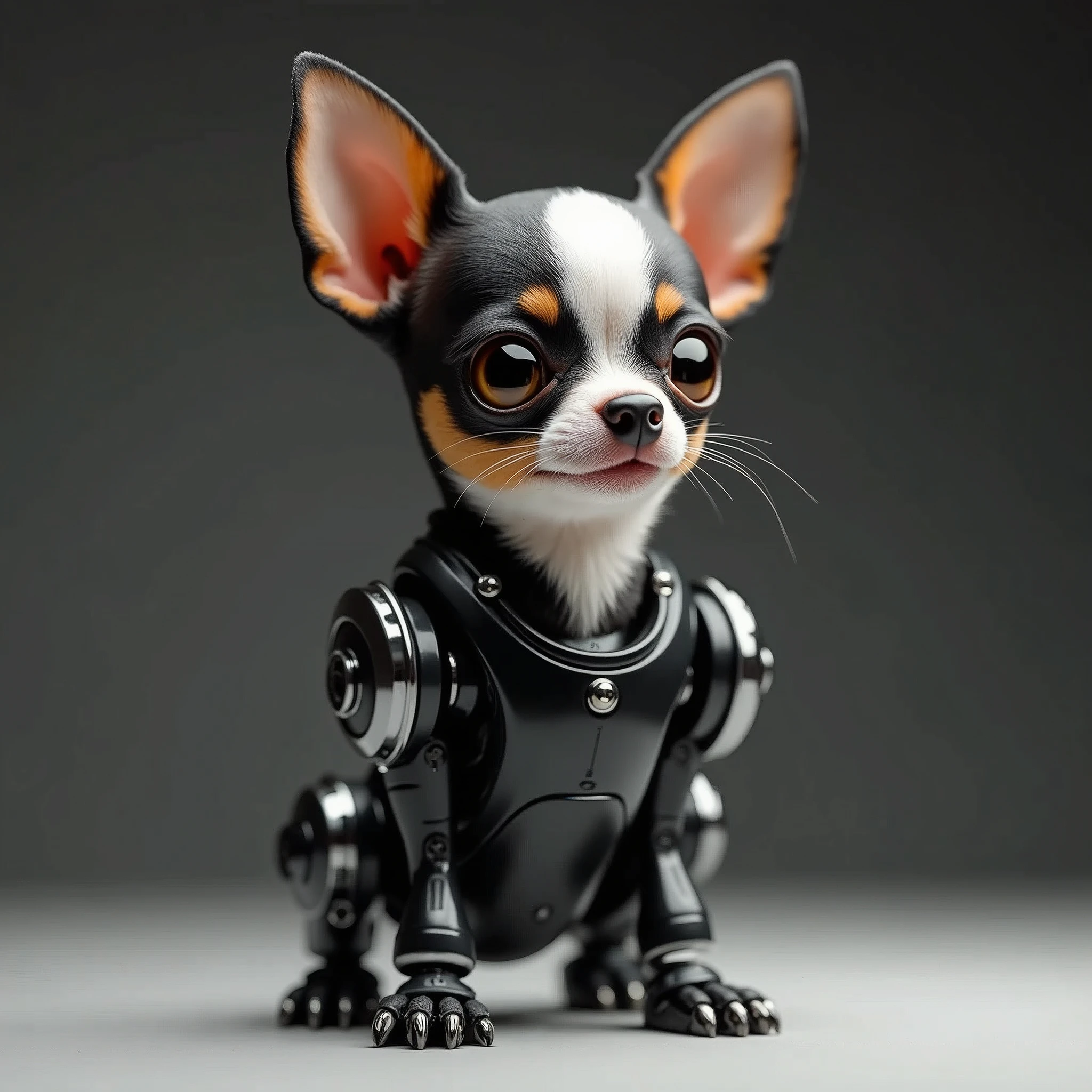 A full body close-up shot of a robotically enhanced Chihuahua, its adorable black and white head with big golden eyes and a sweet expression, perched atop a sleek black metallic body with silver accents with gleaming robotic legs but realistic black paws. The stark contrast between organic and synthetic features creates an intriguing visual dichotomy, inviting the viewer to ponder the intersection of technology and cuteness, retina, accurate, masterpiece, super detail, high details, best quality, award winning, highres, HD, 4K, 8k, 16k,