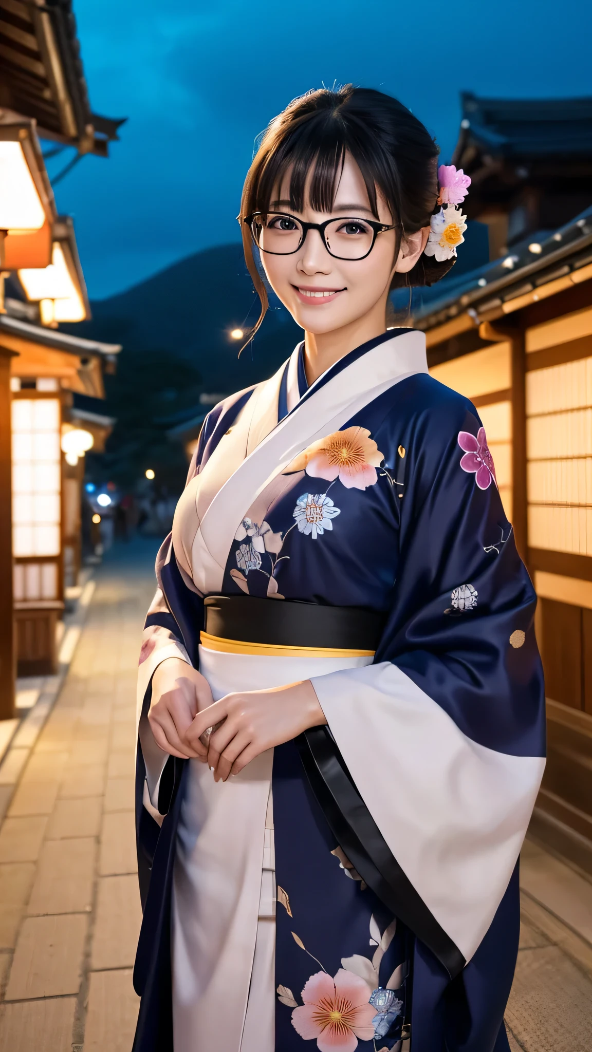 (Super beautiful woman in kimono)、((highest quality、8K masterpiece:1.3))、sharp focus:1.2、(super beautiful face:1.0)、(shiny skin:1.0)、realistic pictures、black hair、video lighting、High resolution eyes and face、video lighting、japanese actress、from the front、big breasts、with a happy smile、Slender abs beauty、whole body、wearing a kimono、in Kyoto、(((luxury obi)))、In Kyoto at night、wearing glasses with no edge、with a fan、Fireworks Display