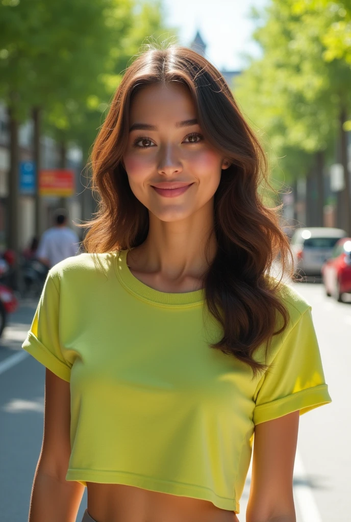 A ai photo of a girl name lilly 
Her age like 28+
Hair brown al little curly
Crop top 
Background of a little busy road near some trees and grass 
A little smile on her face
White skin 
And lime real