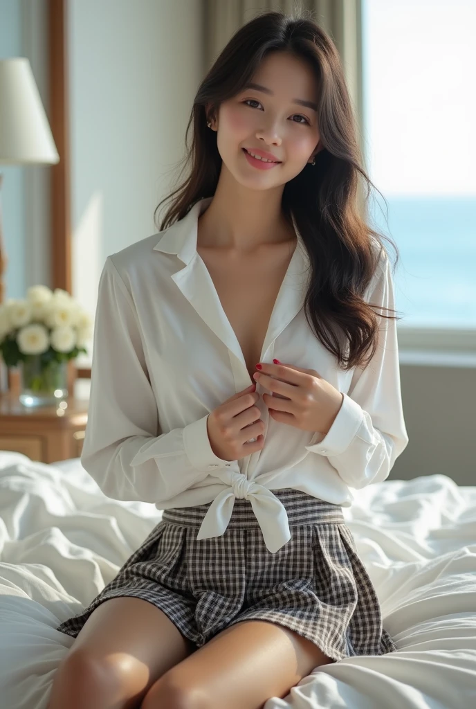 (High school girl in a suite:1.4, 17 years old, Cute Face:1.5, Triangular face, Sitting on a luxurious bed), View your viewers, ((Embarrassing:1.3, smile:1.1)), shy smile, Open your mouth, Silky skin, Natural Makeup, Glossy Lips, Group shot, (Sexually suggestive:0.7), (Same school uniform:1.5, open-necked white shirt, See through , Place your hands on your chest:1.24), (naked :0.2), (Three Girls:1, Perfect Style, whole body), ((Slender body)), (Pleated Check Skirt, Showing panties), (RAW Photos:1.4),(( Legs wide open, ribbon, pantyhose:1.2)), (Gentle light, 16k wallpaper, RAW Photos, Idol), Become familiar, (Large windows with sea views, Expensive furniture:1.3, Sheets laid on the floor:1.4, Flowers in a planter)