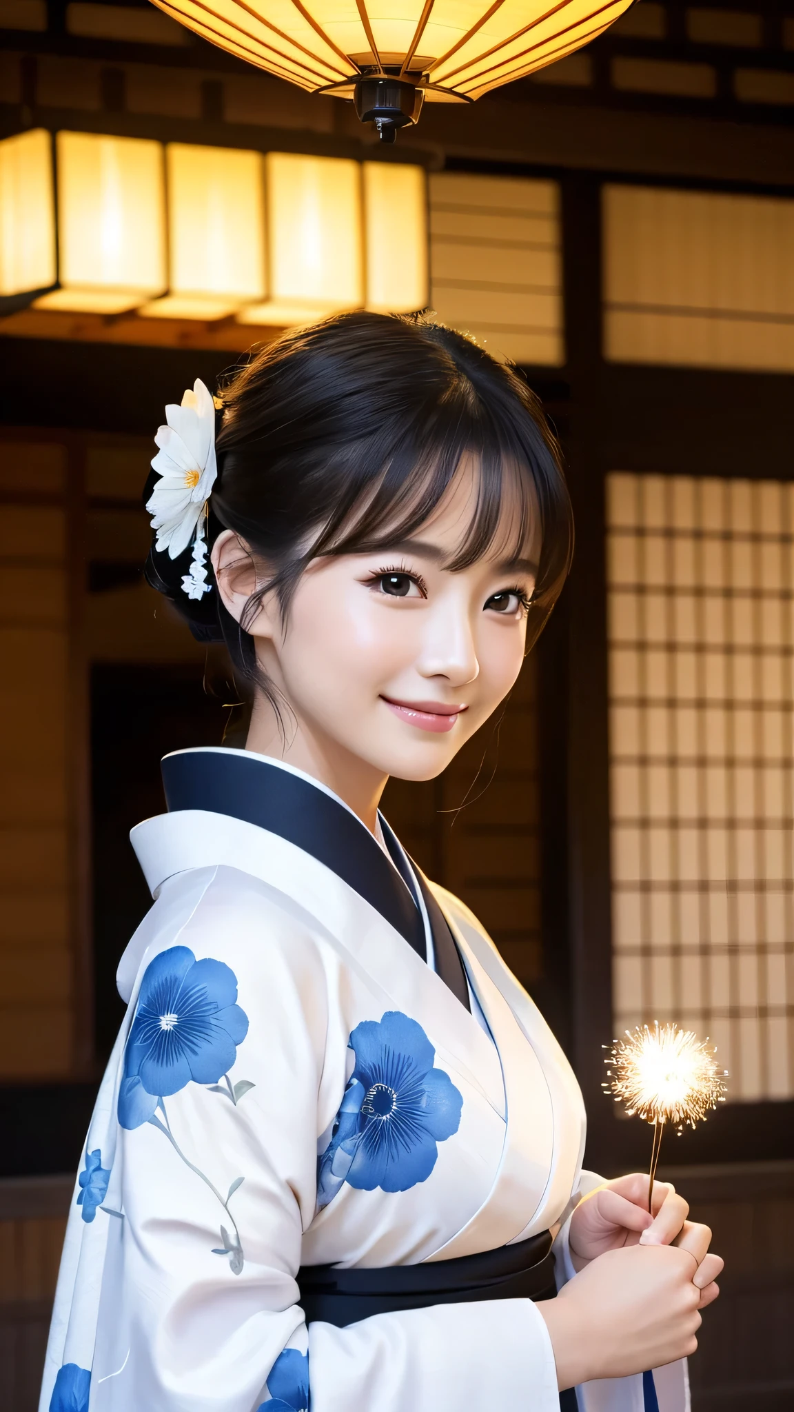 (Super beautiful woman in kimono)、((highest quality、8K masterpiece:1.3))、sharp focus:1.2、(super beautiful face:1.0)、(shiny skin:1.0)、realistic pictures、black hair、video lighting、High resolution eyes and face、video lighting、japanese actress、from the front、with a happy smile、whole body、wearing a kimono、in Kyoto、(luxury obi)、with a fan、Fireworks Display