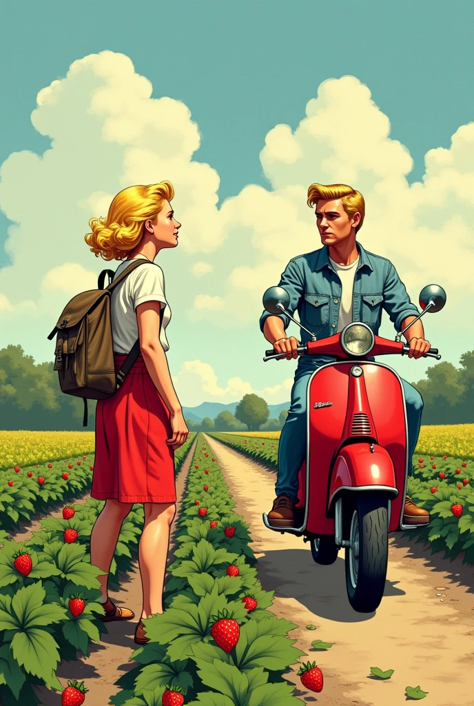 Two teenagers in the GDR, a man and a woman, both have blond hair, the woman short, the man a little longer. The woman is picking strawberries on a field while the man approaches on a simson motorbike.
comic style