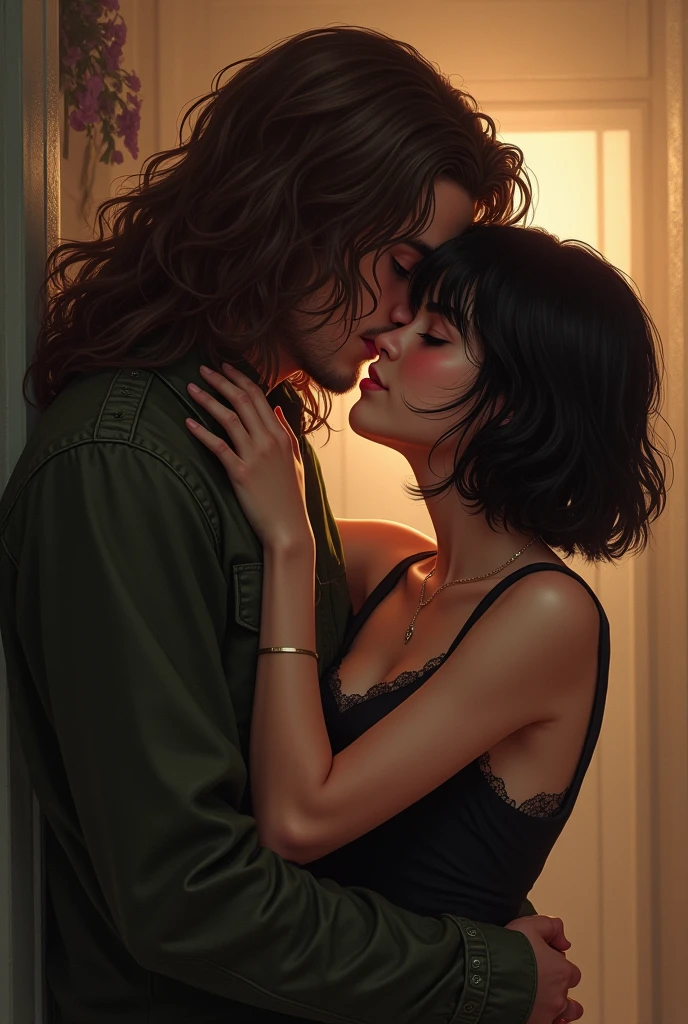 a girl with really short, dark brown hair. which is not longer than the beginning of her neck. she has a rebellious vibe. she’s kissing with a sweet boy, who has brown and very long hair. they are in love. she’s touching him. make it look very intimate. 