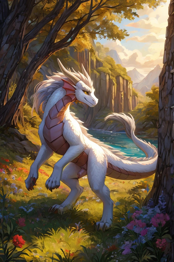 ultra-detailed, masterpiece, masterwork, high quality, best quality, hdr, posted on e621, (by hioshiru), (nature), nsfw, (male), solo, (white little body dragon), dragon, (long silver hair, yellow eyes, white body), standing, dynamic angle, (nude, long foreskin, micropenis, balls)