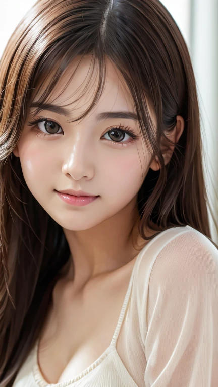 masterpiece, Highest quality, 8k, Absurd, (Upper Body:1.4), cardigan、sheer, beautiful girl, Pretty face, View your viewers, smile, Ultra-realistic, High resolution, photograph, Film Grain, chromatic aberration, Sharp focus, High resolution, Face Light, Dynamic Lighting, Cinema Lighting, Professional Shadow, Simple Background, Most detailed, Very detailed, Super detailed, In detail, Real Skin, Delicate facial features, Detailed face and eyes, Sharp pupils, Realistic students, (Japanese)、Brush your hair back、Armpits、blush、Leaning against the wall、High angle