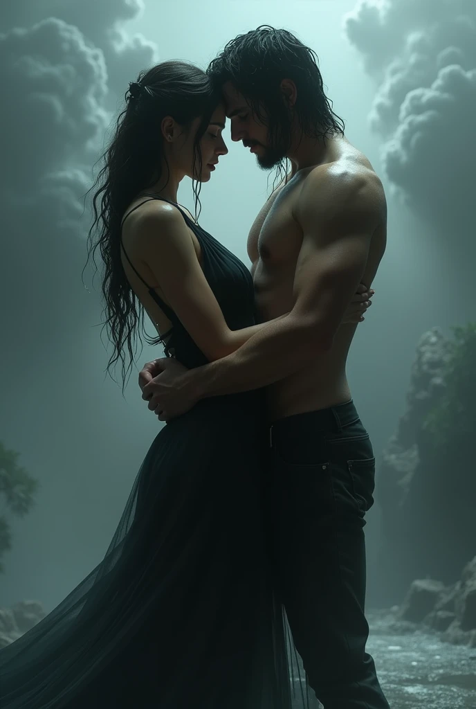 The woman dress is wet. Both are hugging pose and there body is sexy 