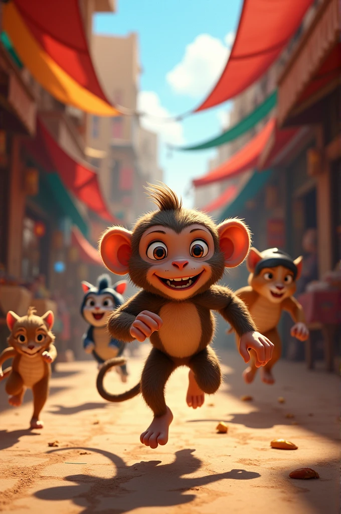 Max the monkey running through a bustling market, laughing as various animals, including a tortoise and a cheetah, chase after him."