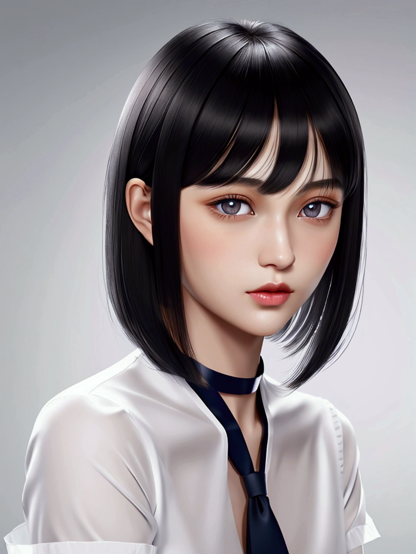 neat girl is beautiful japanese female and beautiful russian female mixed race only in the face age is 17 features of the whole body black hair medium straight bob cut hair style beautiful small face with short eyelashes boyish eyes only high nose dark blue pupils very thin upper lip milky white skin accurate attractive body shape beautiful bust waist hip s thighs knees legs choker and tie on neck shirt with collar