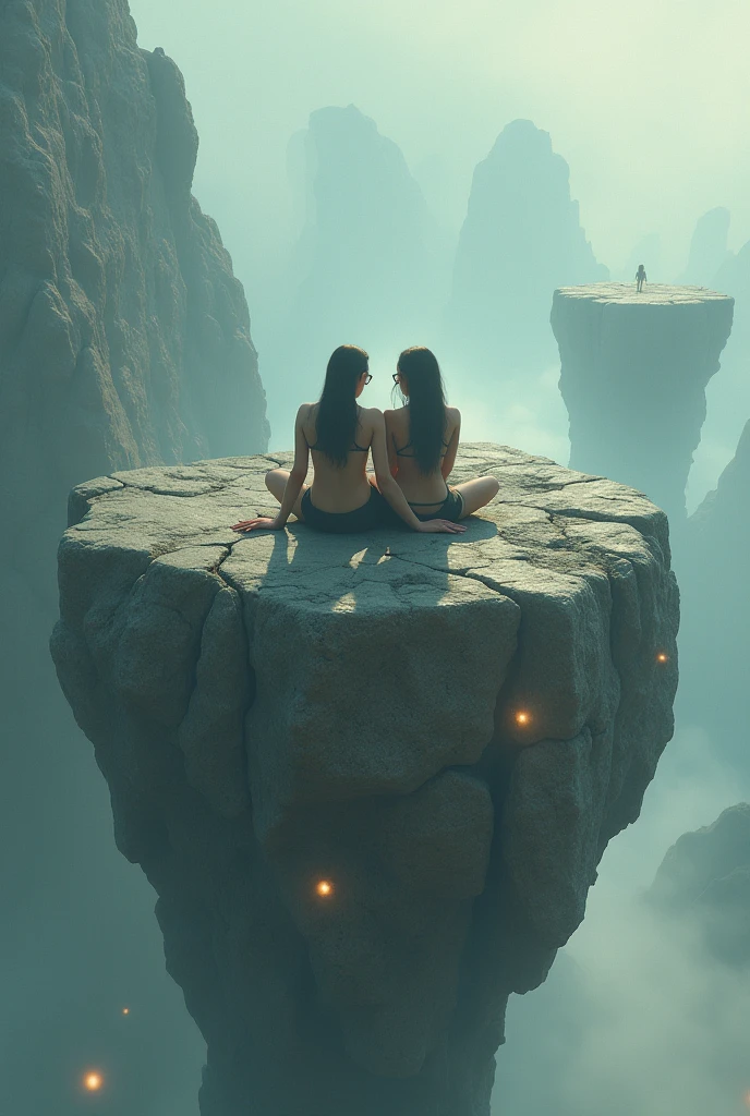 Two Adults sitting in floating rock  realistic 