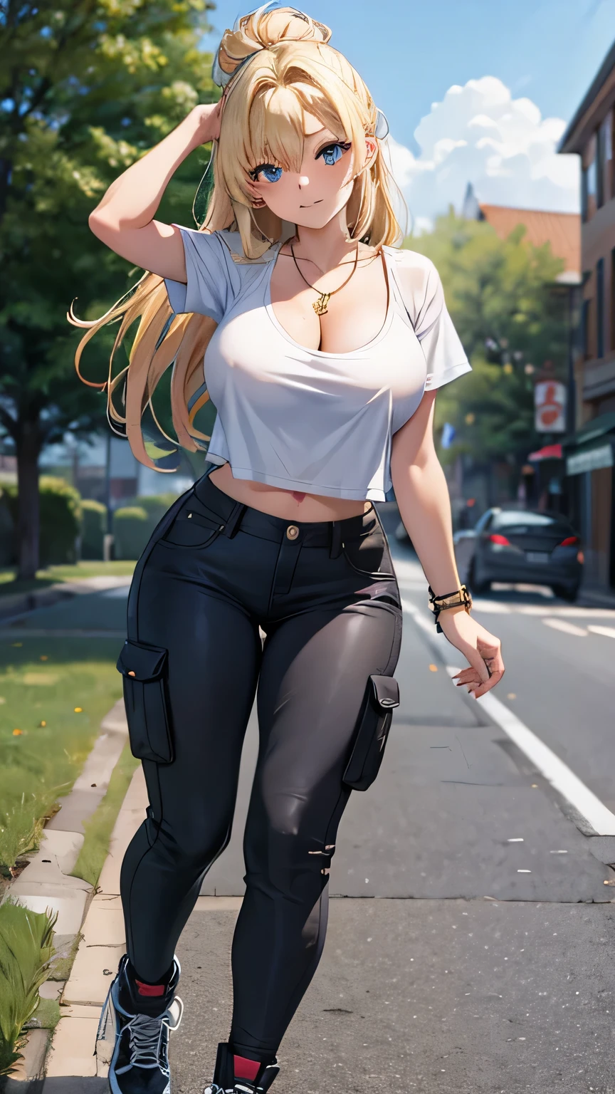 High detailed, 4k quality, stunning 23 years old female, blonde hair, random hairstyle, necklace and piercing, wearing Erotic Cargo Pants and T-Shirt: Cargo pants with a fitted t-shirt and hiking boots or sturdy sneakers, perfect breast, long cleavage, curvy body, playful expression, street background