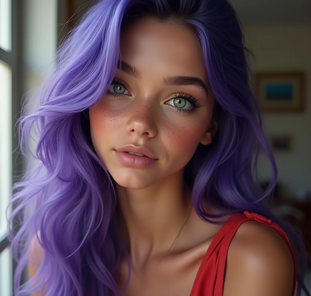 model sheet, 20 year old girl, with purple hair, long  hair, breasts big, blue colored eyes,from head to toe, ultra realism,hyper realist, long blue hair, divine body and clear skin, striking freckles on the face, Brazilian, Selfie, greeneyes, breasts big, redgown, dusty clothes,((sharpy face, face detailed, lifelike face, skin natural, realisic skin, skin detailed, pores)),high quality, best qualityer, work of art, cinematic lighting, ((perfects eyes, detailedeyes,realisticeyes)), morning, claro background, (no shopping, atmosphere of joy, Purple style, cheerful lighting, subdued colors, subtle)