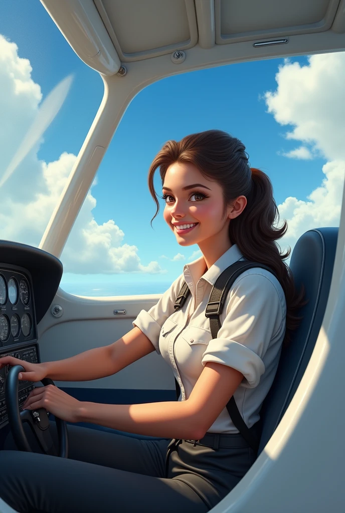 Cute woman pilot driving a plane