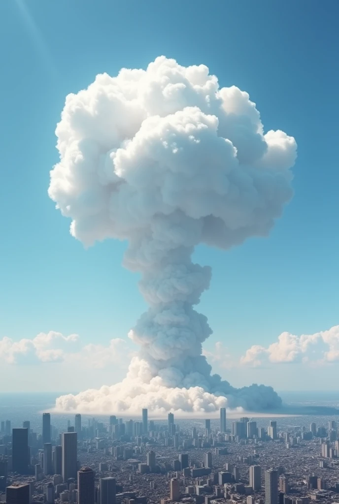 a white nuclear mushroom cloud is visible from very far away in the city, the explosion has happened hours ago, the sky is blue, view from ground