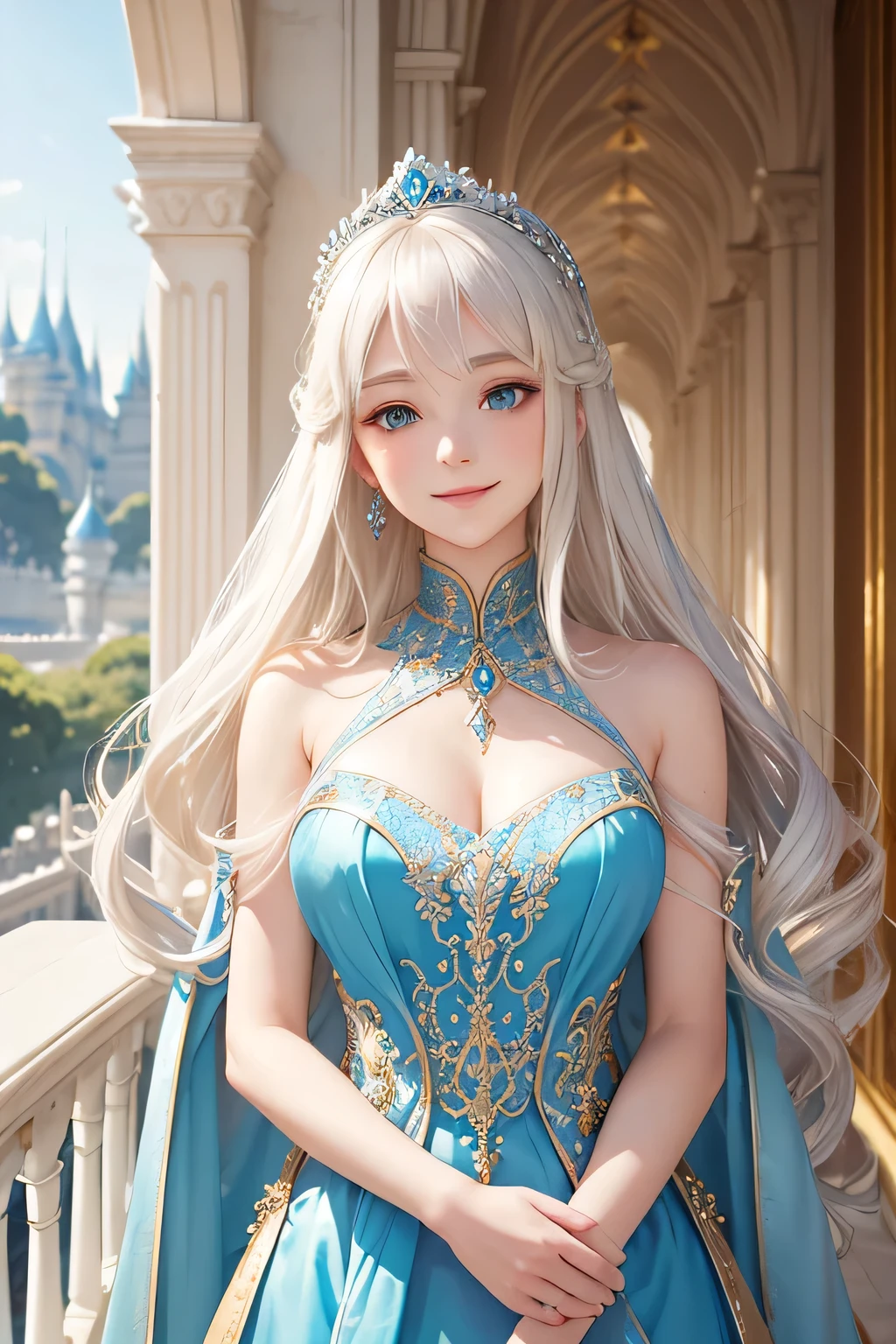 A beautiful white princess with long blonde hair, wearing a flowing blue gown with intricate silver embroidery, stands on a grand palace balcony. She smiles warmly and waves to the cheering crowd below. The sunlight shines brightly, reflecting off her golden hair and the silver details of her gown. Behind her, the palace's elegant architecture and lush gardens are visible,(((Upper body)))