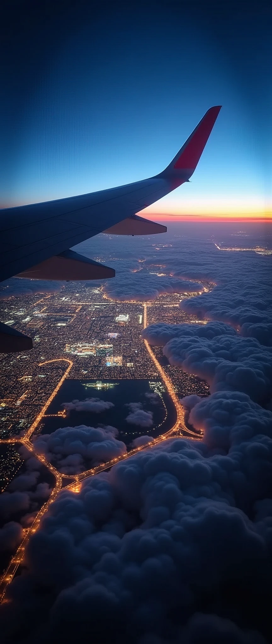 (Highest quality),(masterpiece:1.2),(Very detailed:1.2),Ultra-high resolution,Raw color photography,8k,Vast landscape photography,Realistic photos,Elaborate photos,View from the airplane window,Immediate landing scene,Written boundary depth,Sharp focus,In the clouds,Tokyo,Haneda Airport,Night view,Beautiful colors,Written boundary depth,Wide Light,Low contrast,Backlight,Sharp focus,Vibrant colors,Moving configuration