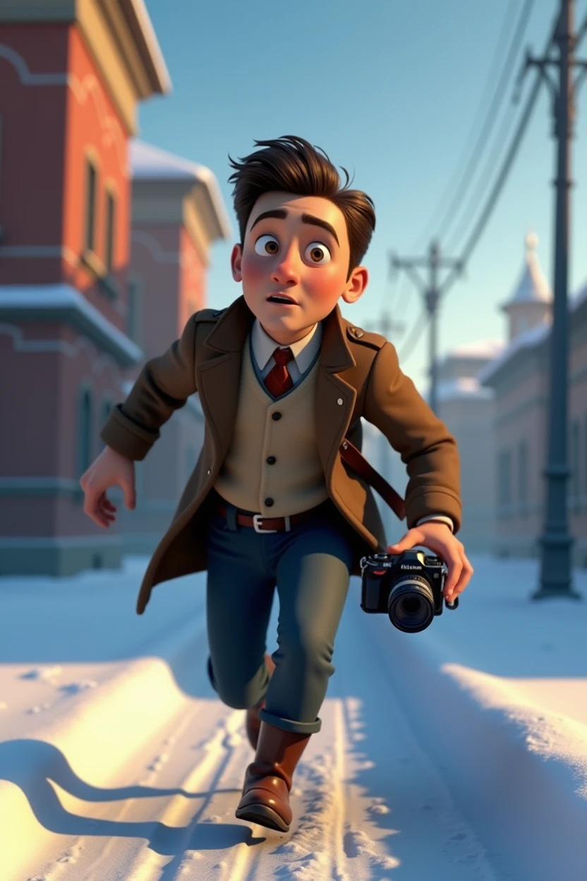 Pixar style, animation, 3d, journalist, 1900s, Russia, snow background, journey, camera, 30s age, adventure, running , movie poster, high quality, running face expression, vantage camera on his hand, full body shows. Disney, running from gangsters.