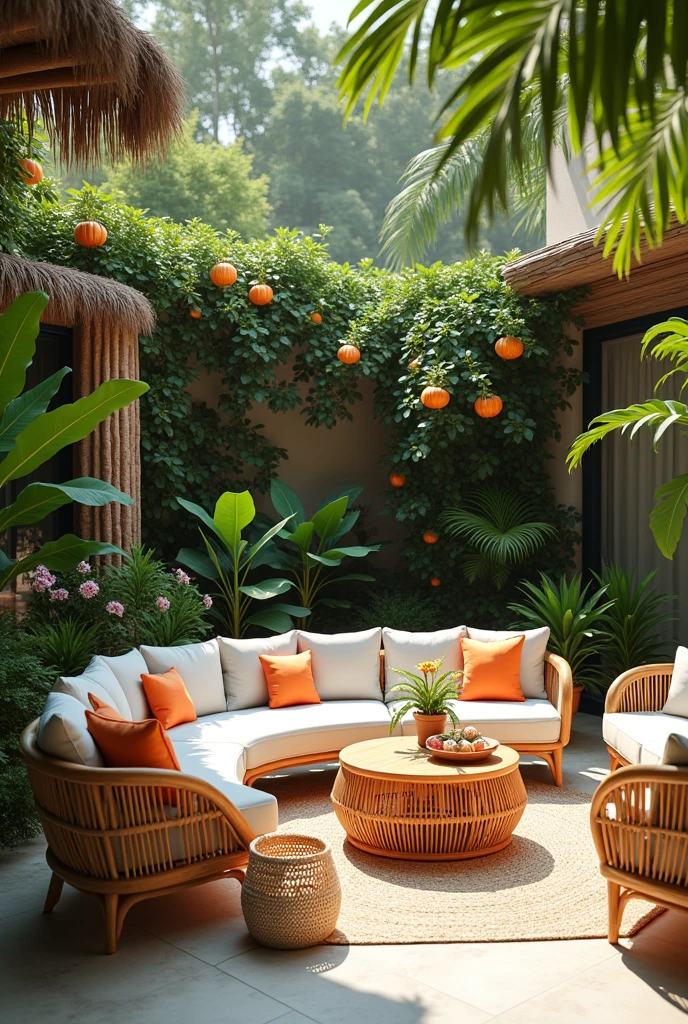 Rattan and wood patio furniture in open space , tropical garden party