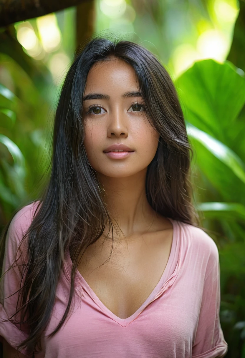 A 18 years old young woman with long dark hair, wearing a ((deep neckline pink top)) , in jungle river. Warm and soft lighting. amazing photograph, DSLR, 80mm Sigma f2, depth of field, intricate natural lighting,