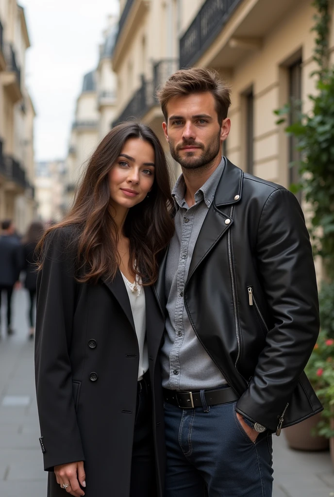 Ola chat. I would like you to create an image of a 27 year old woman, descendant of indigenous, Although, She has fine and very feminine features. She's high, has 1, 75cm, thin but with a slightly defined body. This woman currently lives in Paris . She is dating a Frenchman/Italian high 1,94cm, your hair color is light brown, green eyes and white skin. It's muscular, and has well-defined masculine features. He is a lawyer and also very rich..