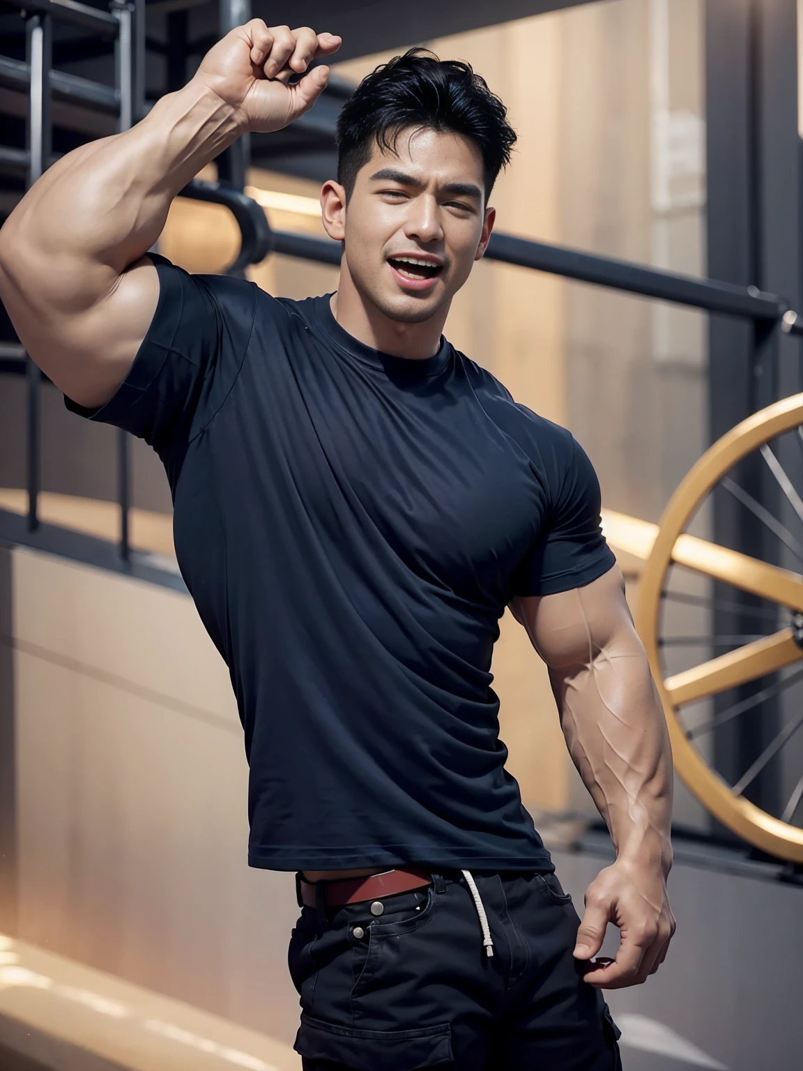 (Create a masterpiece: 1.2),(CGI art:1.3),(realistic:1.5),(After processing:1.3), (Sharp focus:1.3), 1 man, open mouth, smile, (Navy blue round neck t-shirt:1.3), Navy cargo pants, Korean guy , korean men, (High gloss details), chest muscles, large arm muscles, blood vessel, Big muscles, Broad shoulders, looking at the audience, Balancing the eyes, bedroom, Close your eyes.,(open mouth:1.1)
