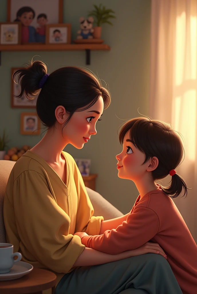 Generate an image of a mother having a conversation