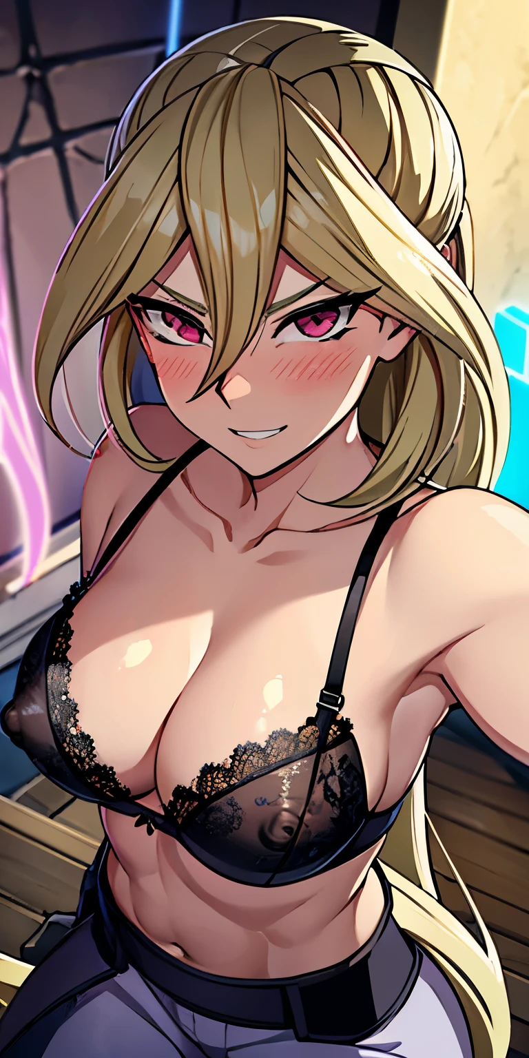 1 Female,High definition,high resolution,Ultra-realistic,8K,1girl, (Gloria Tyler, long hair, evil grin :1.2) , (blonde hair, pink eyes, pov, sitting on stairs, crossed legs, :1), nighttime , solo, gloves, neon lights, ( embarrassed,blush, looking at viewer, from below, worm's-eye view, forced perspective, femdom, looking down at viewer:1.1), small light particles, aura,European,sexy,Upper body close-up,Photographed from the front,Dynamic Angles,blush, (huge tits),((nipples )),show tits ,(black lace bra),(top view),(selfie)