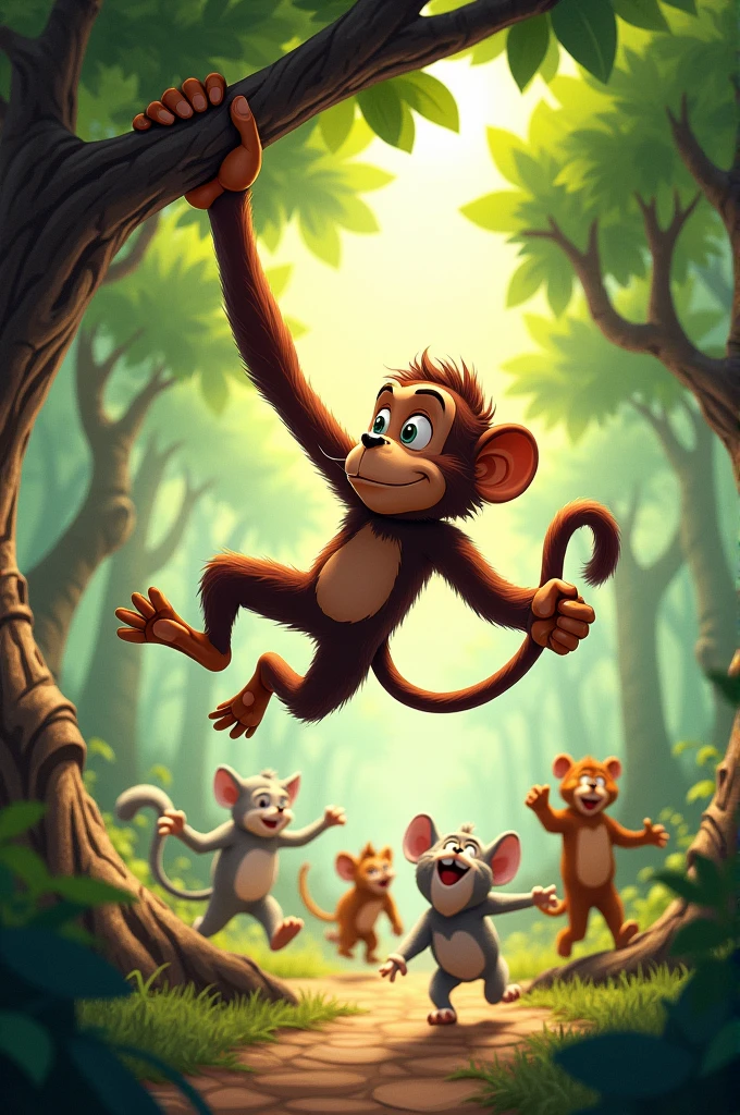 Max the monkey swinging from a tree branch, looking back with a playful expression as a group of animals tries to catch him."