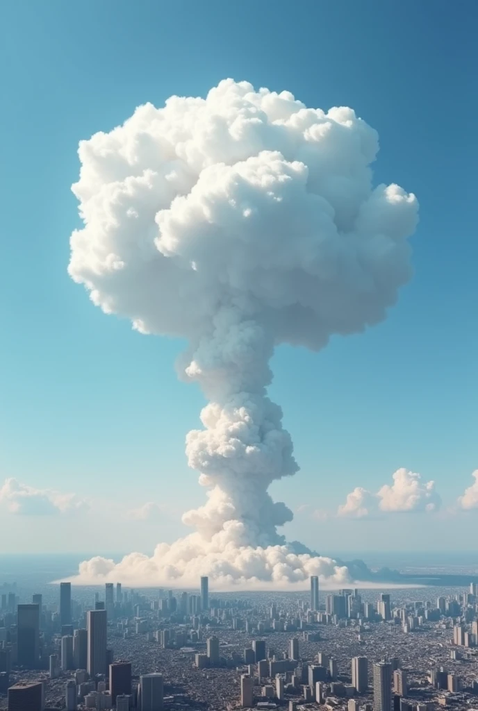a white nuclear mushroom cloud is visible from very far away in the city, the explosion has happened hours ago, the sky is blue, view from ground, ground view, from below
