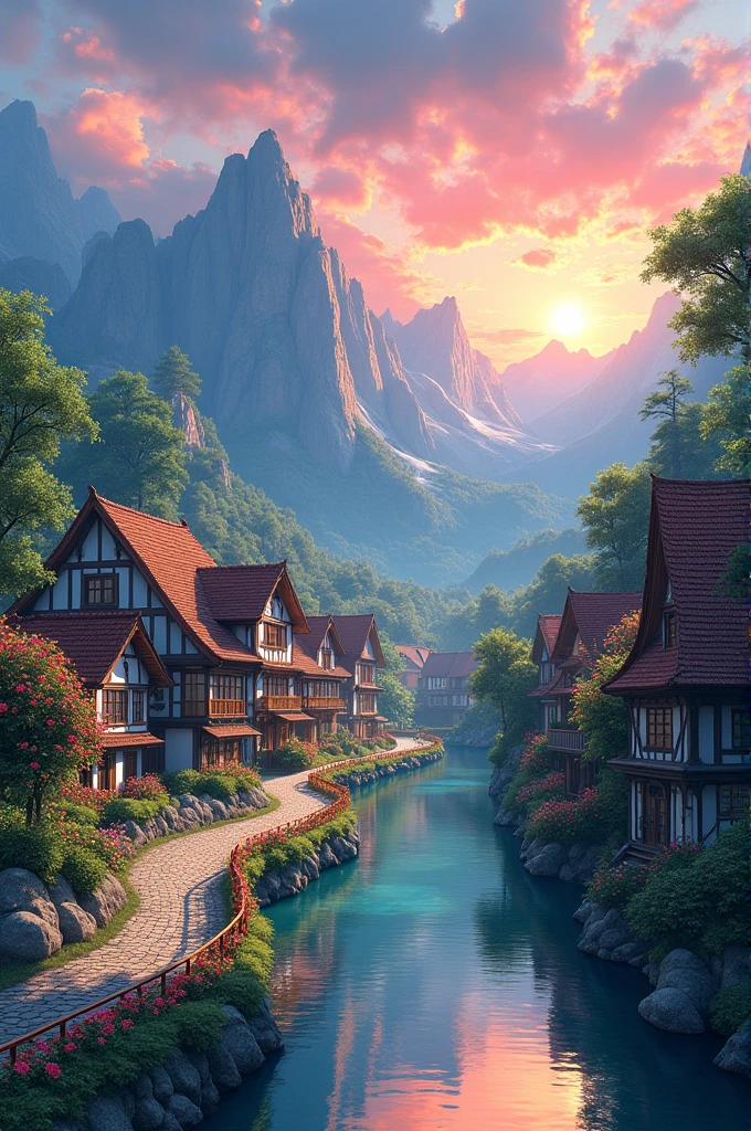 a small village by the river, mountains in the background, floral flowers colorful, detailed landscape, Beautiful natural landscapes, atmospheric lighting, scorching sunset, warm colours, practical, photopractical, Detailed Foliage, complex buildings, cobblestone street, Charming country house, swirly vibrant colors, lush vegetation, Still water reflections, Picturesque, idyllic, work of art, best qualityer, 8k, extremely detaild,anime styling
