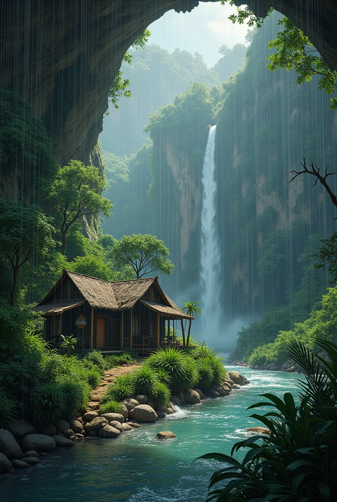 Off grid living near a limestone cave. Tropical climate. Raining. Along a river
