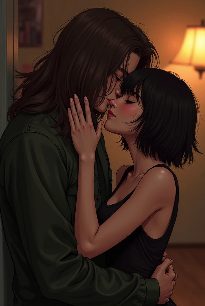 a girl with really short, dark brown hair. which is not longer than the beginning of her neck. she has a rebellious vibe. she’s kissing with a sweet boy, who has brown and very long straight hair. they are in love. she’s touching him. make it look very intimate.