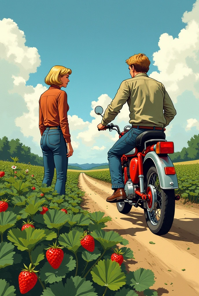 Two agers in the GDR, a man and a woman, both have blond hair, the woman short, the man a little longer. The woman is picking strawberries on a field while the man approaches on a simson s50 motorbike.
comic style
woman hair shorter, man a bit longer
