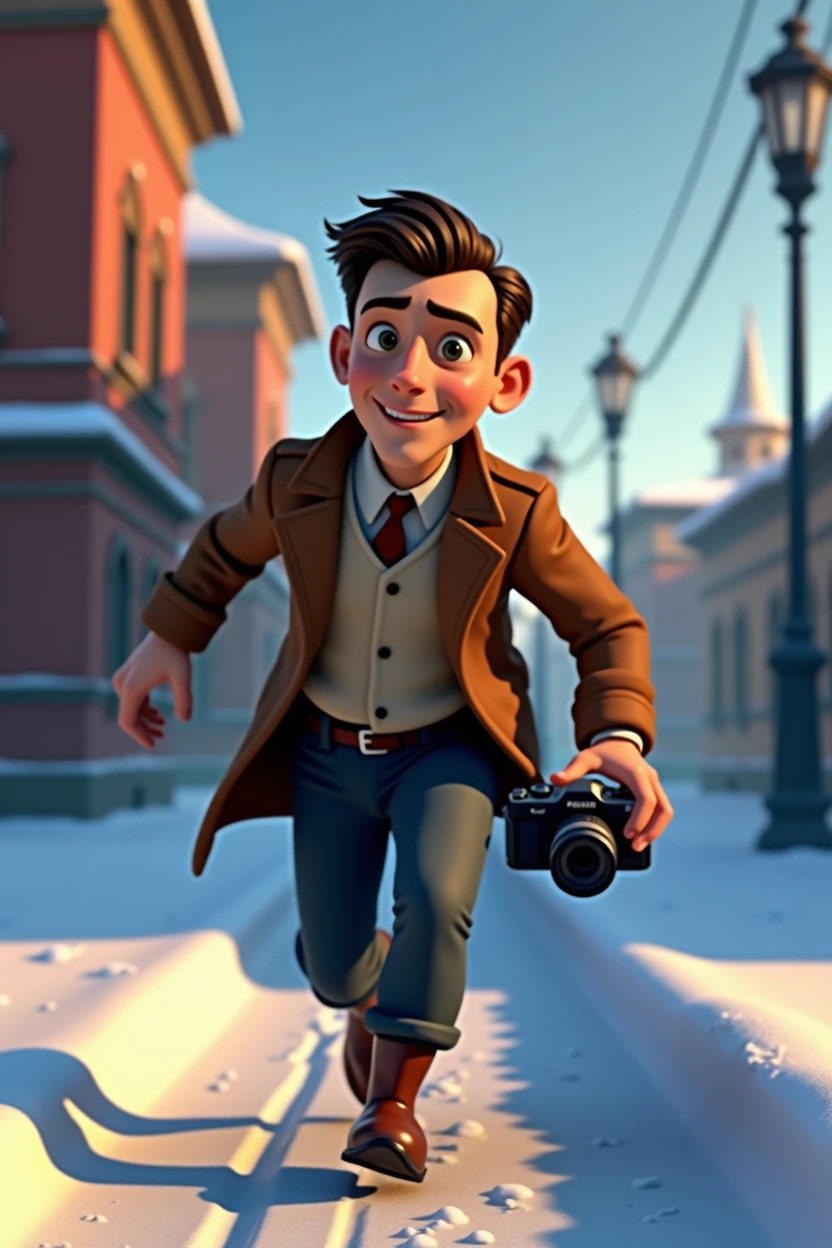 Pixar style, animation, 3d, journalist, 1900s, Russia, snow background, journey, camera, 30s age, adventure, running , movie poster, high quality, running face expression, vantage camera on his hand, full body shows. Disney, running from gangsters.