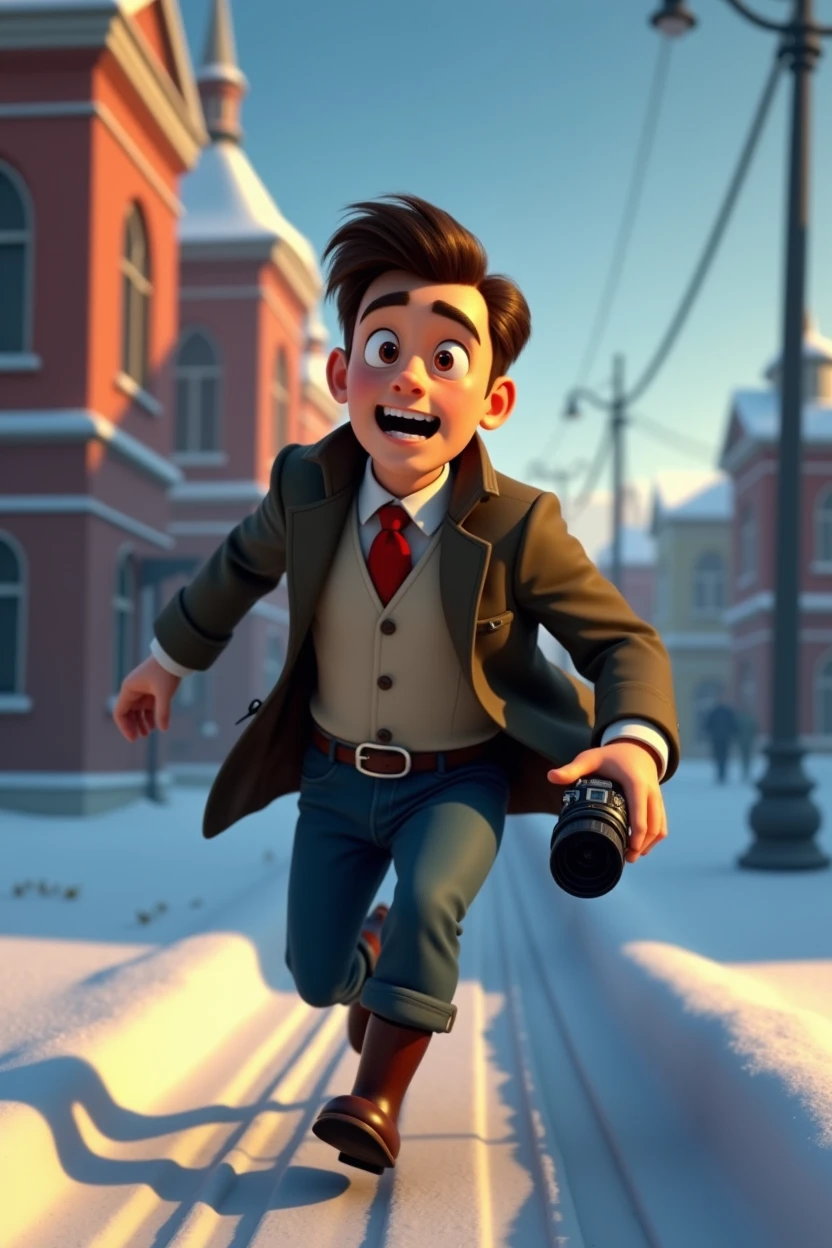 Pixar style, animation, 3d, journalist, 1900s, Russia, snow background, journey, camera, 30s age, adventure, running , movie poster, high quality, running face expression, vantage camera on his hand, full body shows. Disney, running from gangsters.