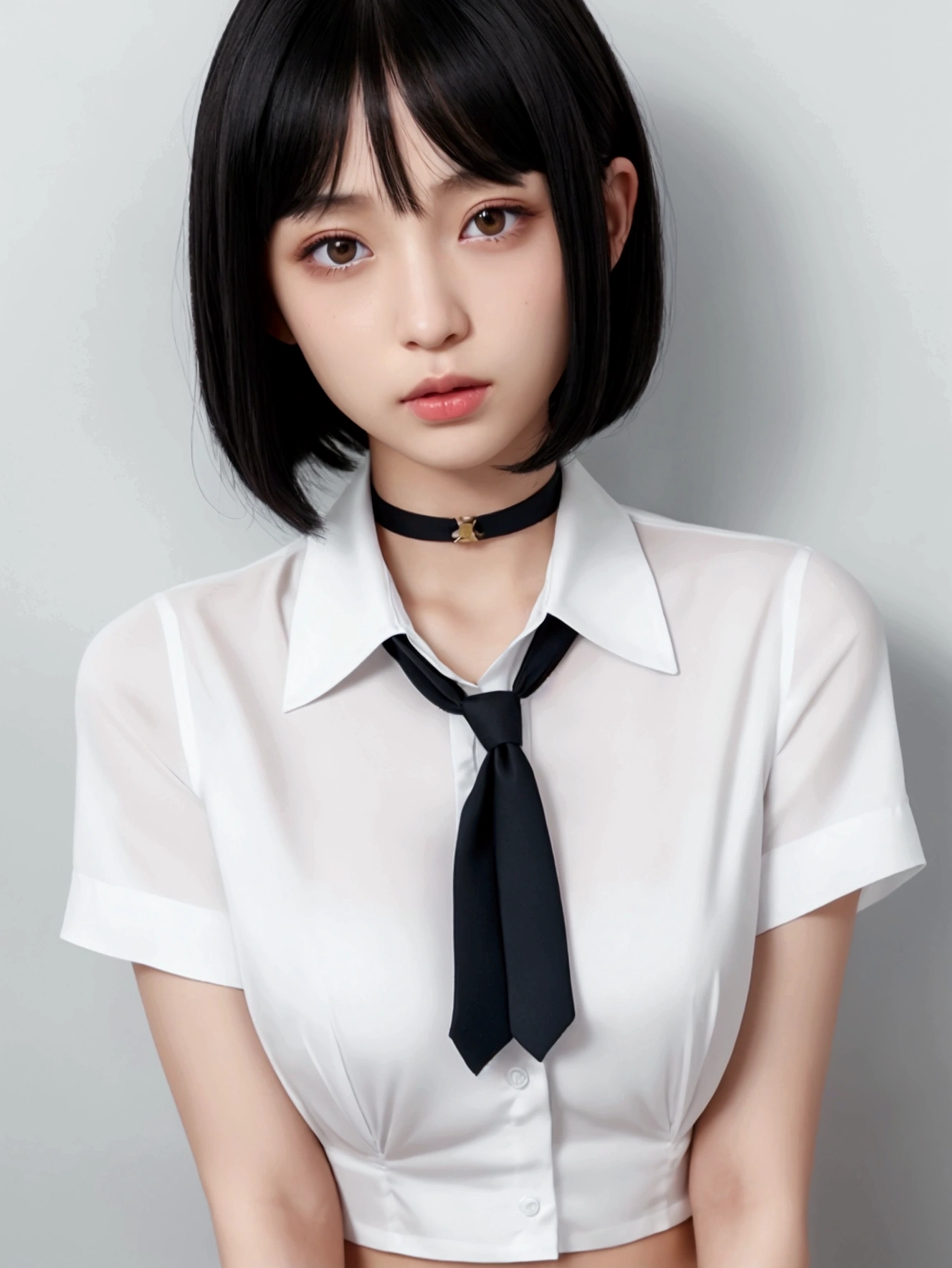 neat girl is beautiful japanese female and beautiful russian female mixed race only in the face age is 17 features of the whole body black hair medium straight bob cut hair style beautiful small face with short eyelashes boyish eyes only high nose dark blue pupils very thin upper lip milky white skin accurate attractive body shape beautiful bust waist hip s thighs knees legs choker and tie on neck shirt with collar