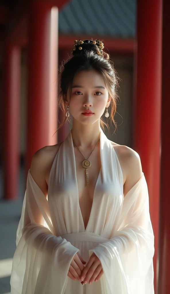 ((No NSFW)), best quality, masterpiece, highres, 1girl, china hanfu, chinese architect background, hair ornament, necklace, jewelry, Beautiful face, full body, tyndall effect, photorealistic, dark studio, rim lighting, two tone lighting, (high detailed skin:1.2), 8k uhd, dslr, soft lighting, high quality, volumetric lighting, candlelight, dark reflections, shadow not dark, highkey, Photograph, high resolution, 4k, 8k, Bokeh. From front, upper body cowboy shot of female model girl around 21-25 years old. Female model girl is wearing china hanfu that is classic traditional clothing of Tang Dynasty period and white color and ancient oriental long robe and made of very sheer and transparent silk so very see through bare skin, wearing nothing under her china hanfu, with closed her chest by her china hanfu, with all back covered by her china hanfu. Female model girl has cleavage chest, huge breasts, round and bouncy breast, pink areolas and nipples that are anatomically correct, small and wasp waist, wide hips, attractive thighs, crotch with ample pubic hair, clean vulva, so all of them are covered by her china hanfu, but blurry them all see through.