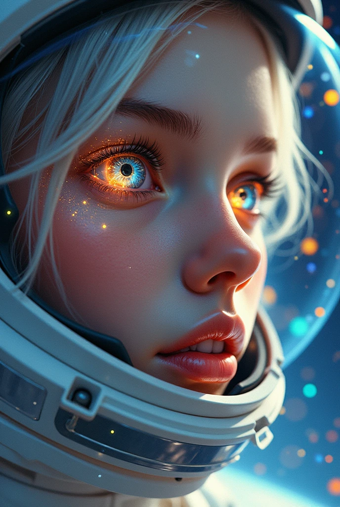 (Close-up of a better masterpiece:1.5)0.9], (Space and astronauts:1.2) (Messy silver hair:1.1) (Heterochromia xanthochromia and blue eyes:1.2) (Space Helmet:1.0) (Colored stars in the eyes:1.0) (A radiant glow:1.1) (thick lips:0.9)