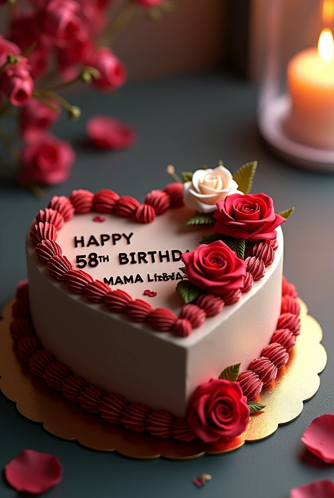 A stunning, high-resolution 3D render of a heart-shaped cake, masterfully blending dark brown and cream tones. The cake is intricately adorned with delicate red andwhite roses, enhancing its refined elegance. The vibrant colors and skillfully designed typography spell out "HAPPY 58th BIRTHDAY MAMA LANDA" adding a personal and heartfelt touch. The modern, fashionable background showcases a sleek and sophisticated setting, making it the perfect backdrop for a chic and stylish birthday celebration., 3d render, photo, illustration, vibrant, fashionLess