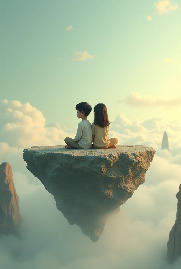 Two Adults boy and girl sitting in floating rock realistic