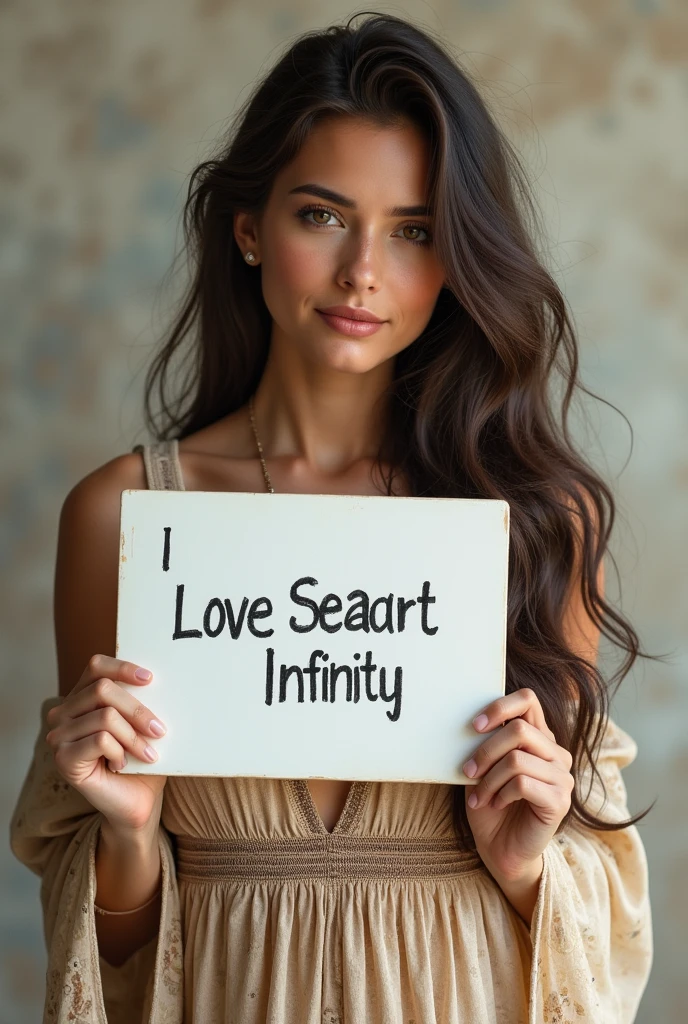 Beautiful girl with wavy long hair, bohemian dress, holding a white board with text "I Love Seaart Infinity" and showing it to the viewer side 実写風