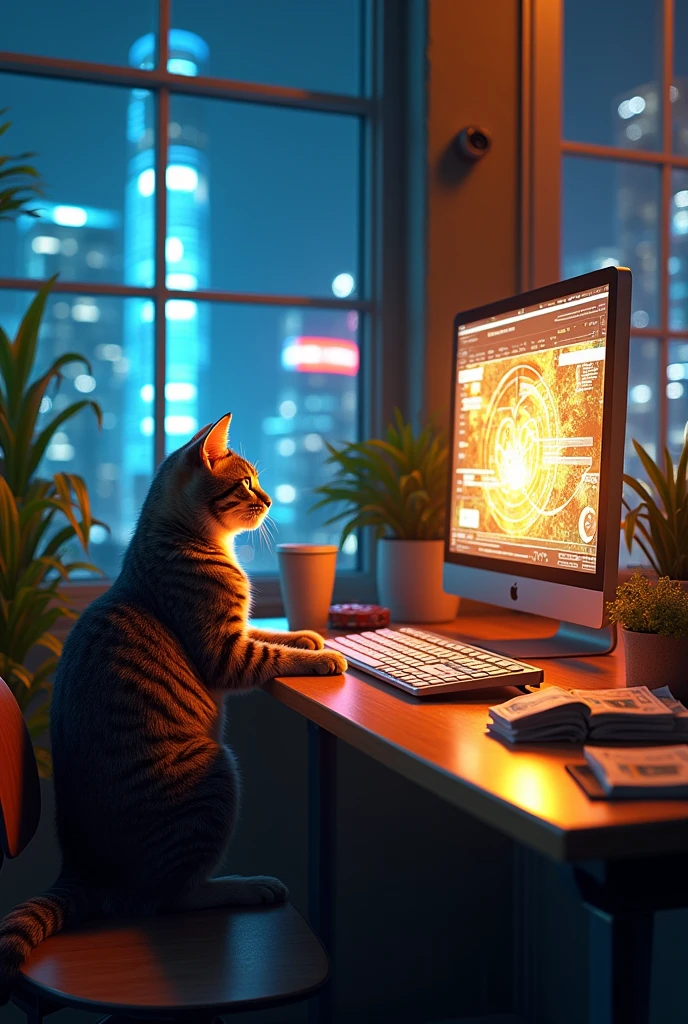 Futuristic cyberpunk workspace, holographic screens, neon-lit keyboard, cat sitting next to a stack of dollars, Background: large windows with a view of the night city. Color palette: warm shades of yellow and orange combined with cool blue tones. Atmosphere: cozy and creative work environment --ar 768:461